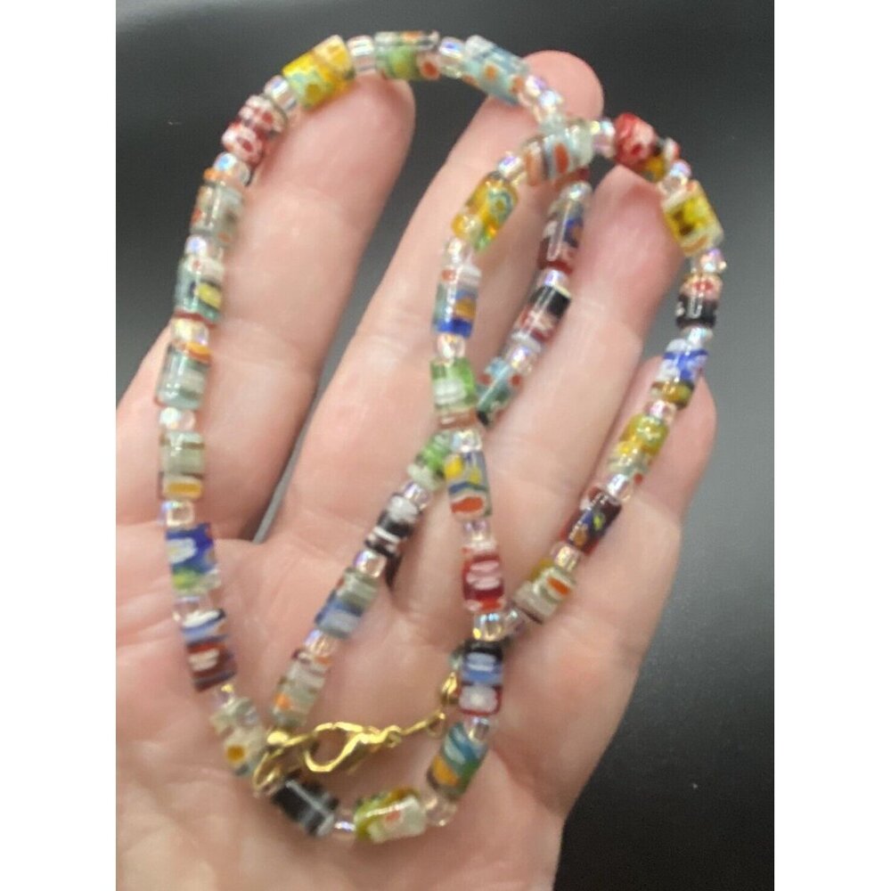 Unique Multicolor Necklace Venetian Millefiori 6mmx3mm Tube Bead 17" Gold Tone - Picture 8 of 11